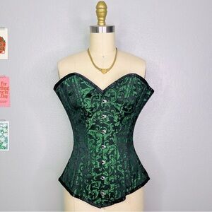 GREEN BROCADE PATTERN CORSET WITH HIP GORES sz 22 vintage goth